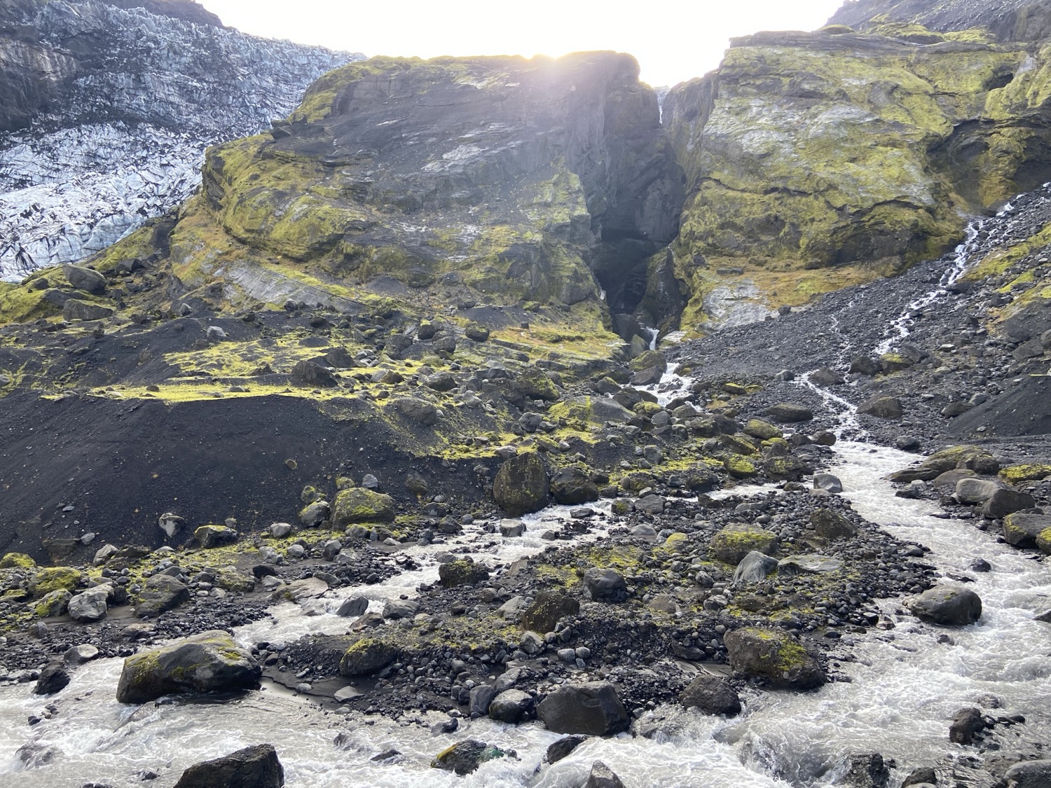 The glacier tongue of Eyjafjallajokull above black sand