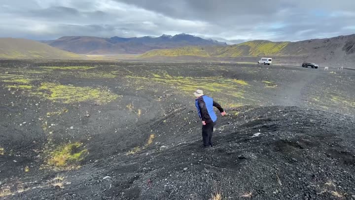 Hopping down the glacial till in front of Eyjafjallajokull.