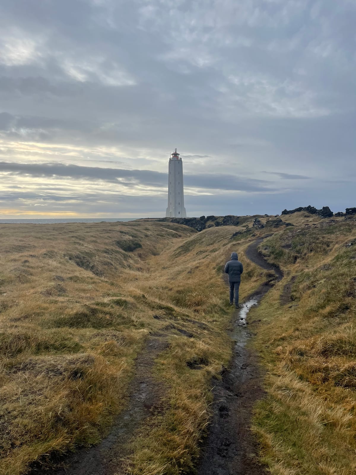 A walker on the path to the Malarrif lighthouse in Snaefellsjokull National Park