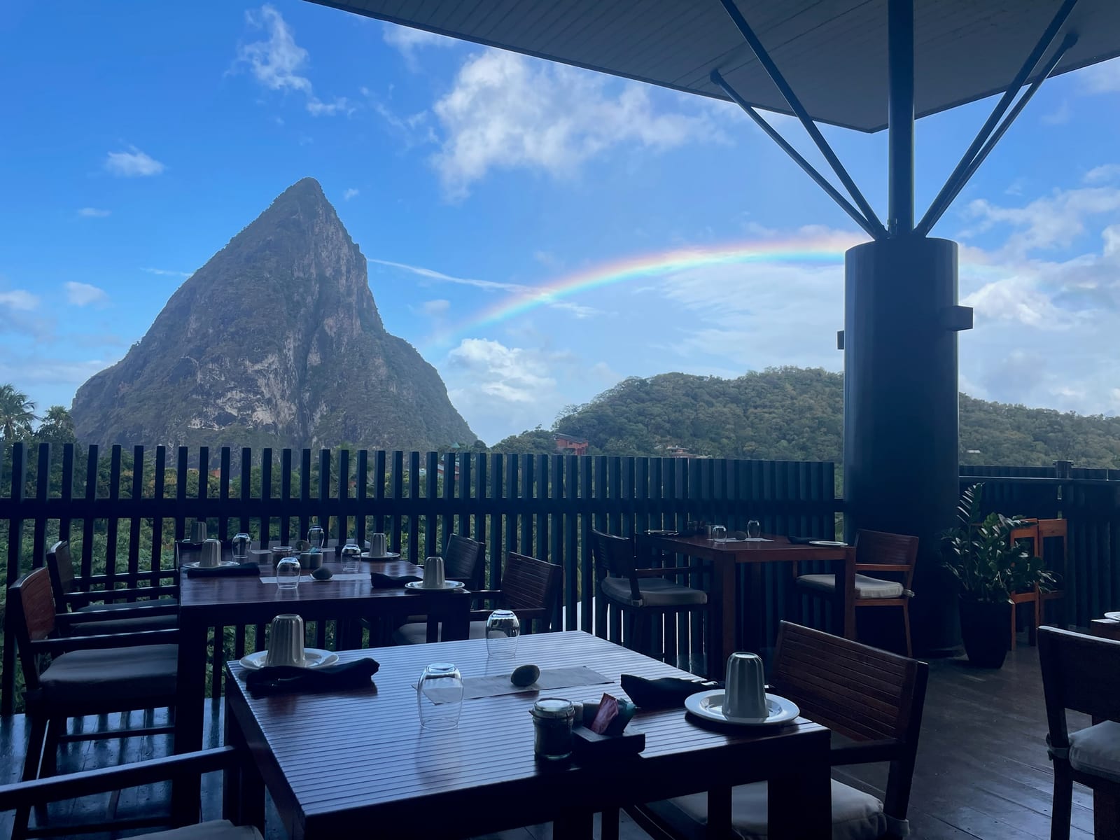 A rainbow over the Piton from the breakfast terrace
